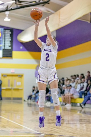 Callie Sevcik with a first-half jump shot against the Lady Bulldogs on Jan. 30. The junior scored a dozen points and two treys to help Shiner beat Flatonia and secure an outright district title. Photo courtesy of Howard Esse.