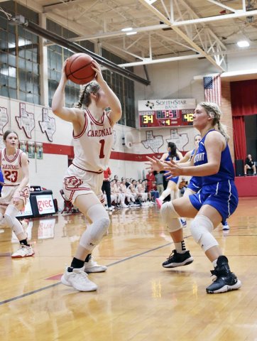 Riley Mozisek and the St. Paul Lady Cardinals played Bryan St. Joseph in the TAPPS 2A girls area round Tuesday at Fayetteville. The winner will face either Dallas First Baptist Academy or Austin Waldorf in the regional round. Photo courtesy of Louann Heinsohn.