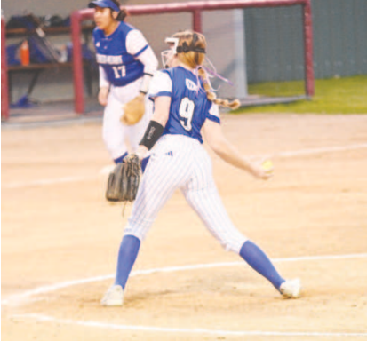 Avery Beach delivers a pitch during the scrimmage with Rice Consolidated Feb. 7. Chuck Grafe/Tribune-Herald