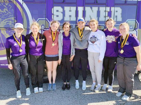 Shiner girls golf team at Giddings, from left are Grace Migl, Olivia Akin, Callie Chrismon  Jaleigh Ramirez, Chelsea Whiddon, Chesney Machacek, Evy Johnson and Bri Sofka. Photo courtesy of Michelle Winkenwerder.