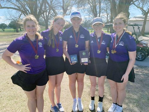 The Shiner girls golf team claimed the Victoria Riverside Tournament title. From left are Olivia Akin, Callie Chrismon, Chelsea Whiddon, Grace Migl and Bri Sofka. Photo courtesy of Michelle Winkwenwerder. 