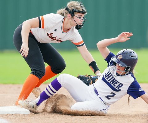 Schulenburg’s Hailey Kahlden gets a tag out on Lady Comanche Callie Sevcik at the tail end of a double play. Despite getting putout here, Sevcik still scored two runs on two hits with a double. Photo courtesy of Howard Esse.