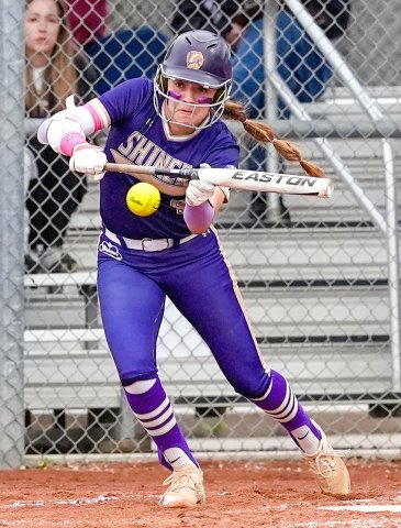 Brinley Ramirez attempts a bunt against Ganado. She was 1-for-4 with a run scored in the 10-1 Shiner win. Photo courtesy of Howard Esse.