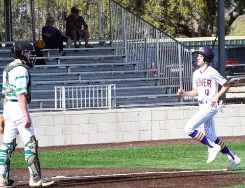 Jake Simper approaches home plate during Shiner’s 12-2 win over Cuero Friday in the Appelt Tournament. Photo by Mark Lube.