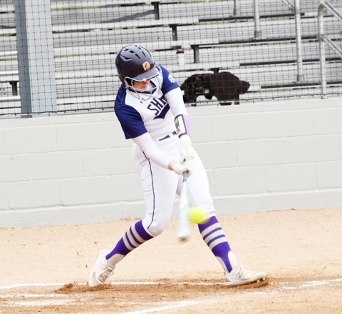 Paeden Vincik makes contact here for a two-run single in the first inning against Austin Brentwood. Photo by Mark Lube.
