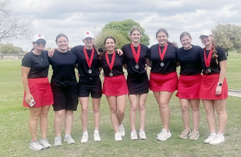 -St. Paul girls golf team from left are head coach Nicco Brown, Erica Hunke, Skylar Mozisek, Reese Seibert, Riley Mozisek, Mary Sue Filip, Kylie Kelso and Faith Brown. Photo courtesy of Nicco Brown.