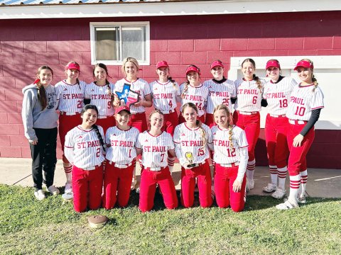 The St. Paul softball team won the Flatonia Tournament. Tatum Walker was named tournament pitcher MVP and Stefany Pokluda was chosen as All-Tournament Second Base. Front row from left are Mariah Jackson, Sally Machacek, Presley Tuch, Tatum Walker and Sloane Kocian. Top from left are Eden Rodriguez, Kristin Cerny, Stefany Pokluda, Tori Walker, Brooke Cerny, Gabby Rodriguez, Emily Moeller, Jessica Fikac,Sam Moeller and Dallyn Pesek. Not shown is Addy Matias, Clara Kinney and Alyssa Jasek. Photo courtesy of Mi