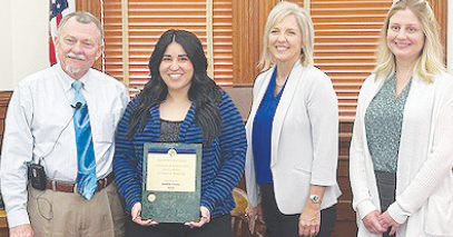 DeWitt County Commissioners presented a certificate of compliance for Desirae Poth-Garibay from the County Treasurer's Association of Texas. From left to right are DeWitt County Judge Daryl Fowler, County Treasurer Poth-Garibay, Melissa Terry, and Elizabeth Bonorden from Harrison Waldrop, and Uherek LLP.