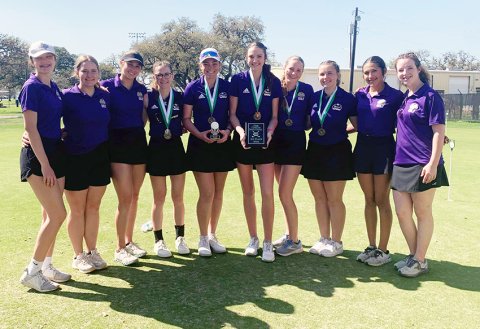 Shiner Lady Comanches golf team at Cuero Tournament. From left are Evy Johnson (#2 team), Olivia Akin (#2 team), Grace Migl (#1 team), Chelsea Whiddon (#1 team), Morgan Lenehan (#1 team), Callie Chrismon (#1 team), Bri Sofka (#1 team), Jaleigh Ramirez (#2 team) and Madeline Collins (#2 team). Photo courtesy of Michelle Winkenwerder.