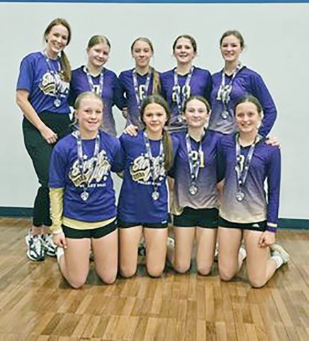 Bottom from left are Tinsley Vasek, Taylor Kocian, Savannah Durrett and Madi Hubbard. Top row from left are coach Charissa Christensen, Madison Coburn, Alexis Malina, Whitley Lyons and Stella Clifford. Courtesy photo.