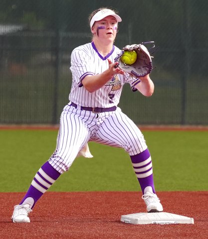 Shiner’s Hailey Radicke makes a putout at second base on a double-play attempt against Stockdale on Friday. Photo courtesy of Howard Esse.