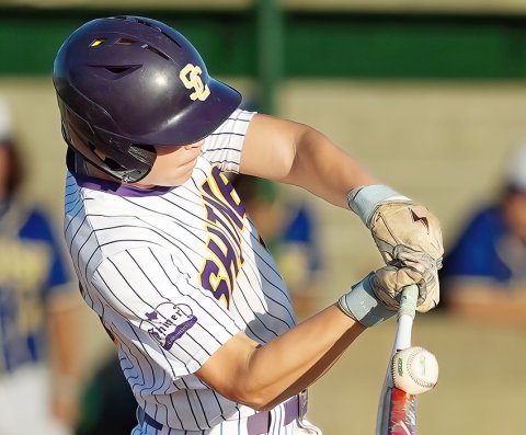 Charlie Clifford makes contact during Shiner’s 11-1 win at Louise on April 2. He contributed one run in the game. Photo courtesy of Howard Esse.