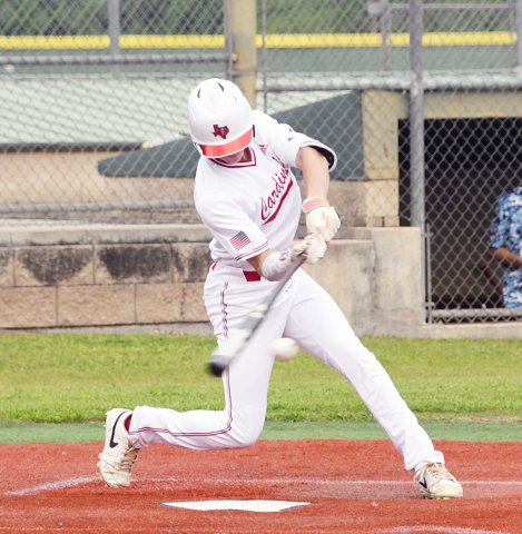  Blaine Humes singles at his first plate appearance. He had two hits and scored twice. Photo by Mark Lube.