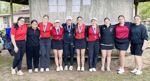 The St. Paul girls golf team took first in the Yoakum Tournament  March 27. Pictured from left are Annslie Callis, Camie Robles, Riley Mozisek, Reese Seibert, Skylar Mozisek, Audrey Thibodeaux, Faith Brown, Kylie Kelso, Mary Sue Filip and Erica Hunke. Photo courtesy of Nicco Brown.