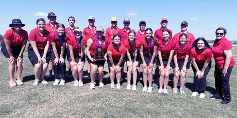 The St. Paul girls and boys golf team. Front from left are head coach Nicco Brown, Erica Hunke, Skylar Mozisek, Faith Brown, Mary Sue Filip, Camie Robles, Riley Mozisek, Audrey Thibodeaux, Reese Seibert, Kylie Kelso, Annslie Callis and assistant coach Pat Chilek. Back row from left are Jackson Seibert, Joseph Davis, Nathan Timmons, Vance Lucas, Michael DeSarro, Rylan Jalufka and Tate Anders. Photo courtesy of Nicco Brown.