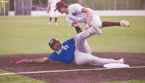 Brahma third baseman Luke Henneke tags out Rice’s John Hailey at third base in the third inning of the game here Friday. Chuck Grafe/Tribune-Herald