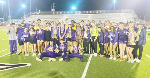 The Shiner girls and boys track team gather for a photo after taking home the girls and boys varsity district titles last Thursday in Ganado. Shiner has plenty of athletes set to compete in today’s area meet in Thrall. Photo courtesy of Randy Palmer.