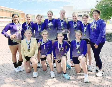 Bottom row from left are Pyper Neskora, Bree Nitsch, Hailey Malina and Reese Lyons. Top row from left are Patricia Price, Addison Ulcak, Lola Hornacky, Eastyn Pohler, Kendyl Boehm, Charlotte Hairell, Aly Trojack and coach Desiree Nitsch. Photo courtesy of Michelle Price