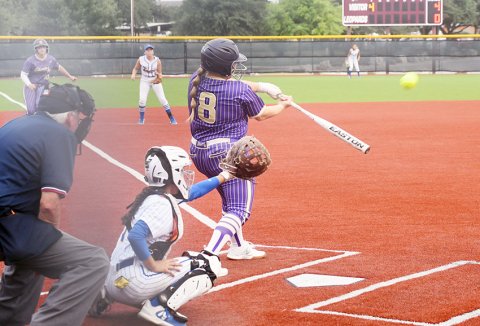 Dyllan Chrismon attempts to make contact in the opener against Freer on Wednesday. Shiner won game one 13-3 and then took game two 15-0. Photo by Mark Lube.