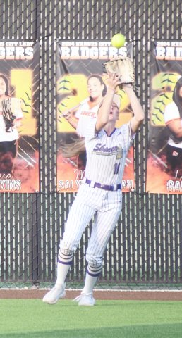 Shiner left fielder Jo Caka catches a fly ball for the first out in the second inning in the Lady Comanches’ 10-0 win over Charlotte on May. 8. Photo by Mark Lube.