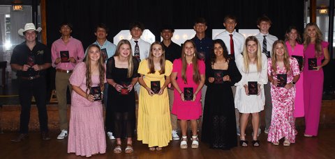  Four/five-sport athletes: Front from left are Faith Brown, Skylar Mozisek, Frances Filip, Karis Barta, Nora Koch, Riley Mozisek and Kristin Cerny. Top row from left are Jackson Seibert, Ezekiel “Zeke” Rodriguez, Sam Perez, Donnie Jones, Andrew Nunez, Jack Ehrig, Gabe Darilek, Carter Chilek, Brooke Cerny and Dallyn Pesek. Photo by Mark Lube.