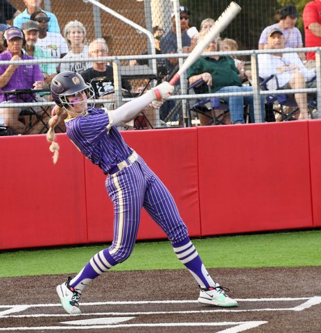 Addy Siegel at the plate during Thursday’s second game in Columbus. The sophomore was 4-for-4 with a double, had the game’s only home run, finished with three runs and three RBI. Photo by Mark Lube.