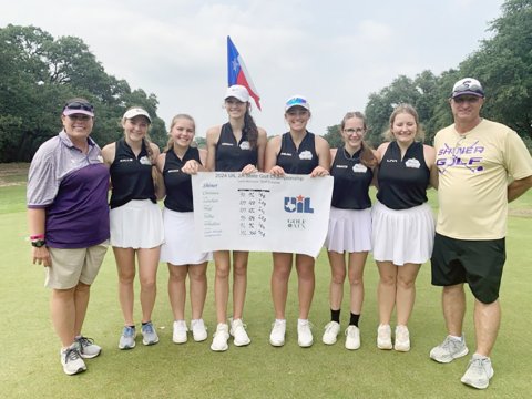 The Shiner Lady Comanches golf team placed sixth in their second appearance at the state tournament. From  left are head coach Michelle Winkenwerder, Callie Chrismon, Brianna Sofka, Morgan Lenehan, Chelsea Whiddon, Grace Migl, Olivia Akin and vounteeer coach Eric Winkenwerder. Photo courtesy of Michelle Winkenwerder.