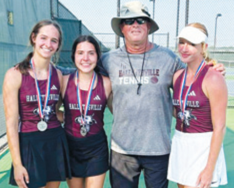 From left, Olivia Etzler and April Leopold advanced to state in doubles, coach John Hoelter and alternate to state, Breylon Swoboda. Contributed photo