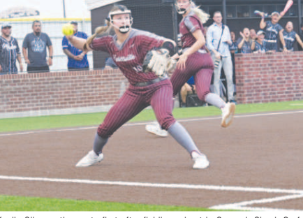 Kaylie Olivarez throws to first after fielding a bunt in Game 1. Chuck Grafe/ Tribune-Herald