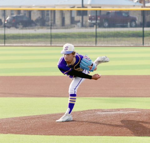 Shiner pitcher Landyn Pohler follows through on a pitch in game one against Freer. He gave up two hits and struck out 12. Photo courtesy of Louann Heinsohn
