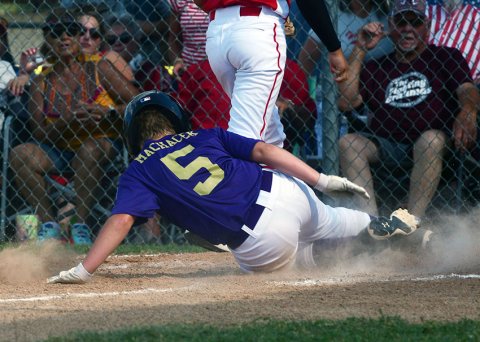 Andrew Machacek scored on a wild pitch in the Shiner Minor baseball team’s 20-5 loss to Hallettsville Red on Sunday. Photo courtesy of Chuck Grafe/Hallettsville Tribune-Herald.