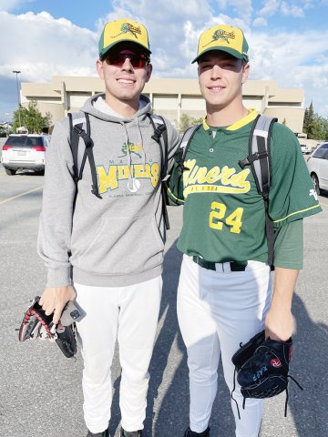 Shiner grad and Sam Houston State baseball player Ryan Peterson (right) and his SHST teammate/roommate Noah Kendrick (left) are both playing for the Mat-Su Miners of the Alaskan Baseball League in Palmer, AK. Both players are pitching for the Miners. Photo courtesy of Kristi Peterson.