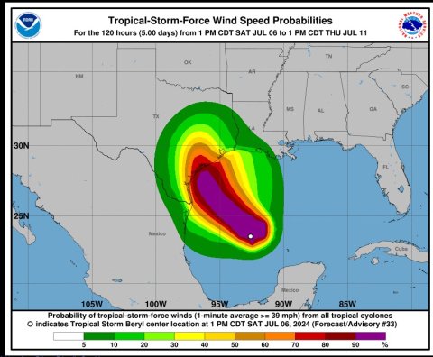 Storm's wind speeds forecast as of Saturday afternoon, from the National Hurricane Center