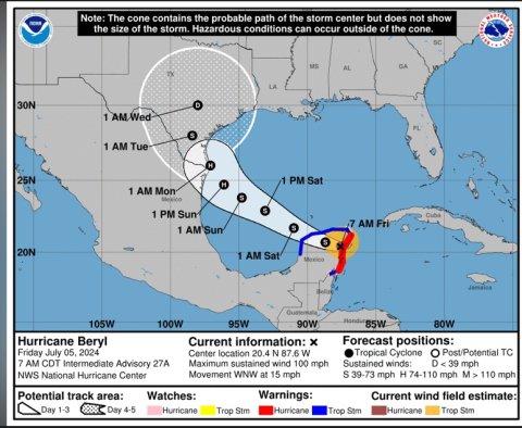 Predicted storm track as of Saturday afternoon, from the NOAA Hurricane Center