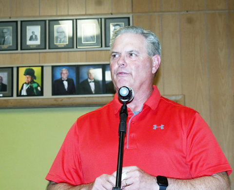 Shiner Catholic School athletic director and head football coach Barry Wolf comments on his vision for Lady Cardinals and Cardinals athletics at Meet The Cardinals on Aug. 6. Photo by Mark Lube.