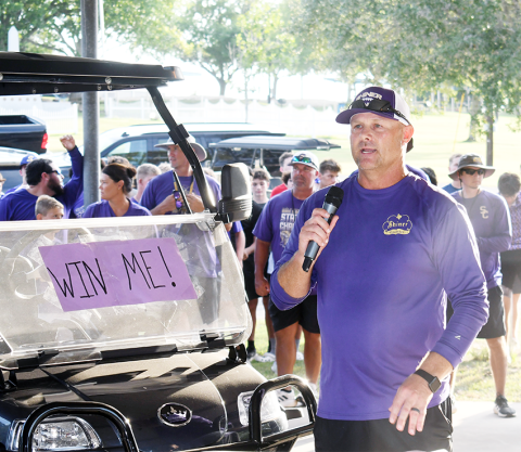Shiner athletic director and head football coach Daniel Boedeker makes some remarks at the Meet The Comanches event on Monday. Photo by Mark Lube.
