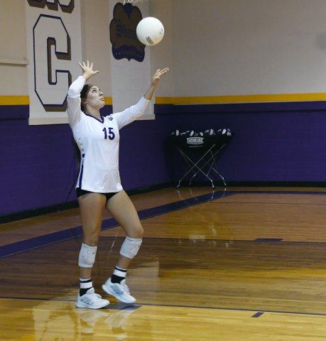 Brinley Ramirez tosses the ball up for a serve. Photo by Mark Lube.