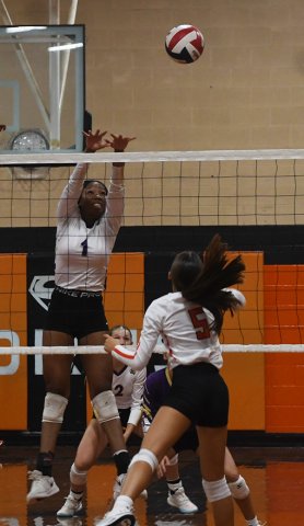 JaMya Wright with the block attempt during Friday’s 2-1 win over Gonzales in Pool G play. Photo by Mark Lube.