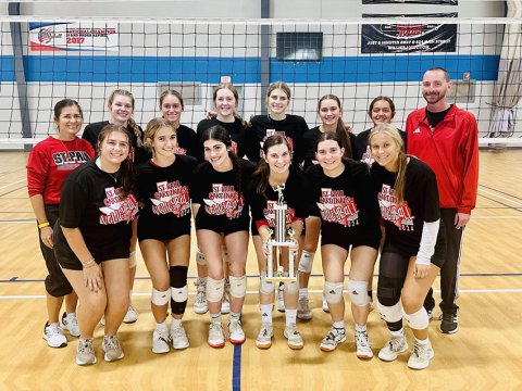 Front row from left are Mary Sue Filip, Dallyn Pesek, Erin Hajek, Samantha Moeller, Emily Moeller and Avery Pesek. Back row from left are head coach Nicco Brown, Skylar Mozisek, Tatum Walker, Addy Matias, Riley Mozisek, Faith Brown, Eden Rodriguez and assistant coach Max Bergkamp. Photo courtesy of Shiner Catholic Schools.
