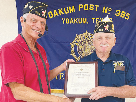 Pictured from left to right are Yoakum American Legion Post #395 Commander Gale Schneider and Terry Landrum.Contributed photo.
