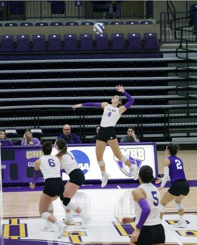 Cameron Pesek elevates for a kill during UMHB’s match with Howard Payne University. Photo courtesy of UMHB Athletics.