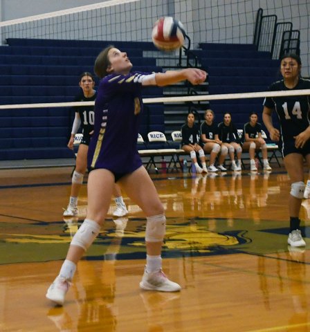 Paisly Wallace with one of her six digs against Giddings in the Rice Tournament. Photo by Mark Lube.