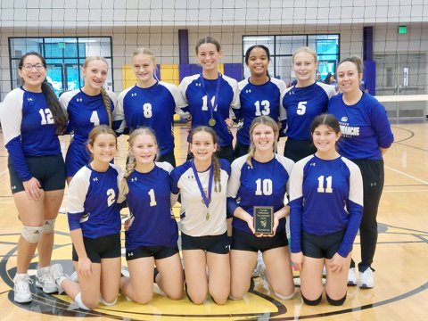 The Shiner JV Gold won second at the Runge Tournament last weekend. Back row from left are Jennifer Arellano, Kalli Kupka, Cami Cowan, Kayden Smith, Kiera Curtis, Arian Brown  and  Coach Anastacia Rehak. Front row from left are Marie Johnson, Addie Prove, Emersyn Boehm, Sadie Carter and Grace Nevlud. Photo courtesy of  Anastacia Rehak