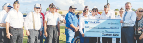 The Yoakum Economic Development Corporation (YEDC) Board of Directors presented $3,011 to the Yoakum American Legion Post 395. The matching grant funded the 16’X18’ concrete slab that is the foundation for the recently renovated World War II M1 57 MM AntiTank Gun purchased by the local Veterans of Foreign Wars Post No. 2456 somewhere between 1951 and 1952. Contributed photo.