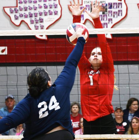 Riley Mozisek attempts a block on a Lady Cougar kill attempt. Photo by Mark Lube.