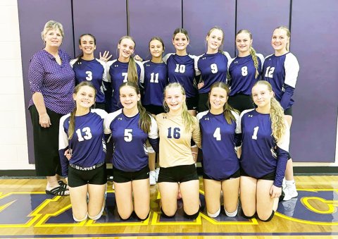 Front row from left are Jewel Caka, Emerysyn Boehm, Addie Prove, Arya Terry and Autumn Jackson. Back row from left are coach Kristi Peterson, Megan Burns, Kallie Kupka, Chloe Matula, Reagan Horn, Kallee Kifer, Cami Cowan and Harper Lenehan. Photo courtesy of Kristi Peterson.