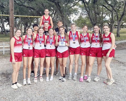 St. Paul CC ran at the Sacred Heart meet last weekend. Front from left are Clara Kinney, Emma Marshall, Skylar Mozisek, Kristin Cerny, Dallyn Pesek, Riley Mozisek, Sally Machacek, Faith Brown and Frances Filip, Middle from left are Jacob Arriola, Carter Chilek and Gabe Darilek. Back row are Levi Morkovsky.Not pictured is Reese Chilek. Photo courtesy of Shiner Catholic School.
