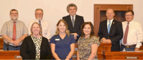 At the Monday, Sept. 23 Commissioners’ Court meeting, the court approved a proclamation designating Tuesday, Oct. 1 as Kids’ Health Party in the county. Front from left are Natalie Knesek, Deedra Lahodny and Jennifer Steffek. Back row from left is the commissioners’ court including commissioners Dennis W. Kocian, Kenny Siegel, County Judge Keith Mudd and commissioners Wayne Faircloth and Edward Pustka. Photo by Jimmy Appelt