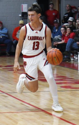 Jack Ehrig with a first-half dribble near mid court in the Sacred Heart game from last Friday. Photo by Mark Lube.