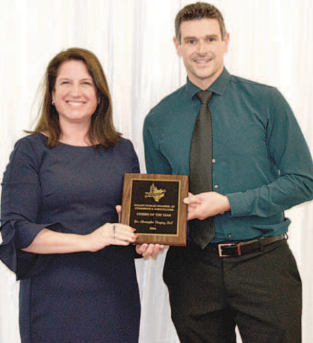 Hallettsville Chamber of Commerce and Agriculture (CCA) secretary Christine Brown presents Chris Freytag with the Citizen of the Year Award. The ceremony took place at the 93rd Annual Hallettsville CCA Banquet held Wednesday, Jan. 29. Photo by Ani Zak